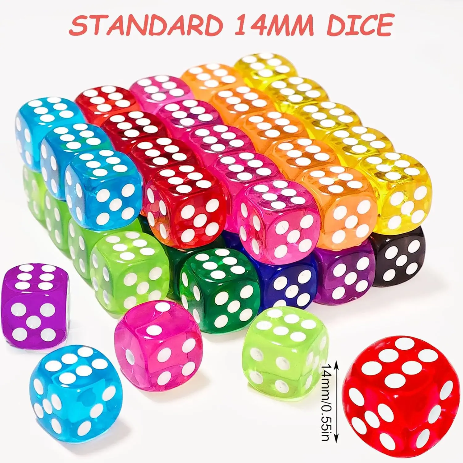 50 Pieces Colored Dice Bulk Set 14 MM 6 Sided Standard Dices for Classroom Teaching Board Game Playing and Rolling, 10 Colors