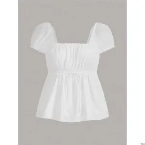 tiktokEZwearSummerOutfitsSquareNeckPuffSleeveTieFrontTee