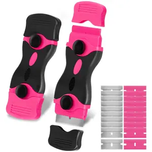 The Dynamic Duo for Spotless Surfaces: 2-Piece Pink Scraper Tool Set Packed with 20 Blades (10 Plastic, 10 Metal) – Effortlessly Peel Stickers, Scrape Paint, and Eliminate Gunk from Glass, Tile, and Walls