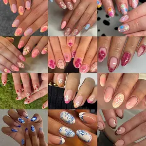 Flower Nail Art Set 288 Pieces (12 Mixed Designs), Short Oval Shape, Cute Bee & Beetle Design, French Acrylic Press-On Nails, Summer Manicure, Glossy Finish