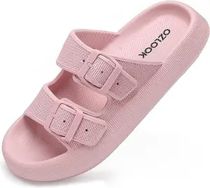 Slides for Women Men Double Buckle Adjustable Thick Sole Pillow Slippers Bathroom Sandals