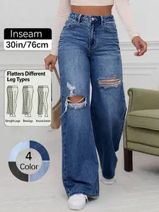 Vintage High Waist Ripped Button Baggy Jeans, Casual Loose-Fitting Denim Pants for All Seasons, Fashion Streetwear Style Bottoms