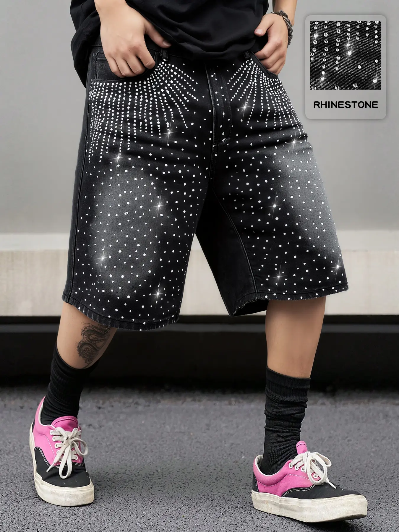 Men's Loose Rhinestone-Crystal Denim Bottoms, Mid-Thigh Casual Shorts with American Street Aesthetics, Button-Fit Unisex Everyday Fashion Piece