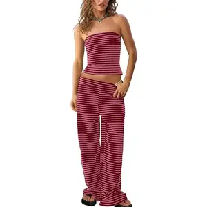 Women's striped 2-piece casual summer strapless crop top, wide leg pants matching casual suit, vacation outfit, spring and summer pretend, comfortable women's fashion, women's beach wearRAIMENTRY
