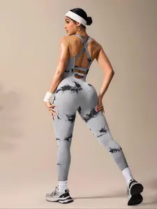 Women Seamless Tie-Dye Cross Back One Piece Jumpsuit, Bodysuit Yoga Gym Bodycon Rompers for Workout, Lounge, Streetwear
