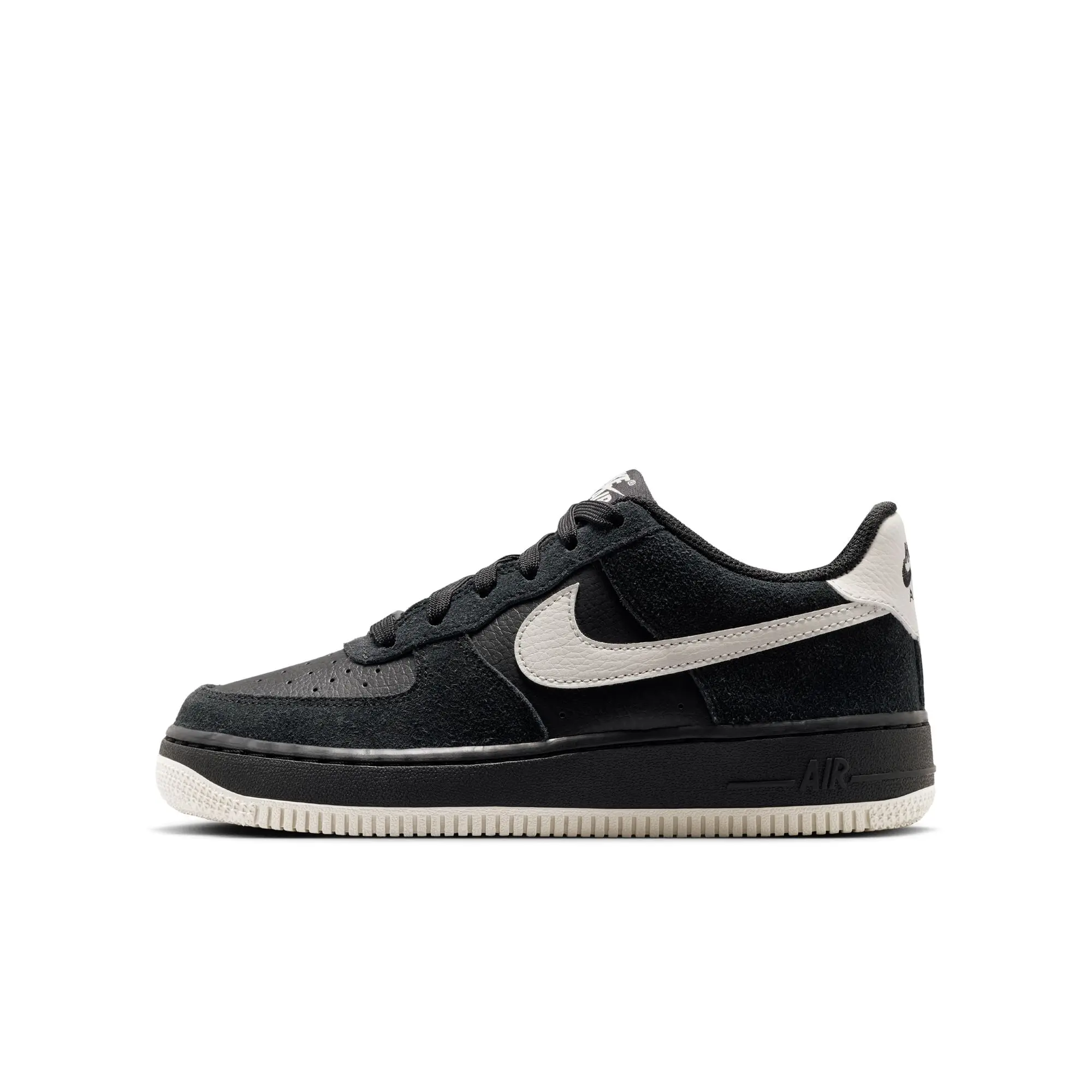 NIKE Kids' Air Force 1 LV8 2 Leather Sneakers, Colorblock Low-Top Hoopshoes with Nike Air Cushioning and Circular Tread, HV4760-001, Lace Up, Imported, Children’s Size, Athletic, Fashionable Sports Shoes, Black/Light Bone