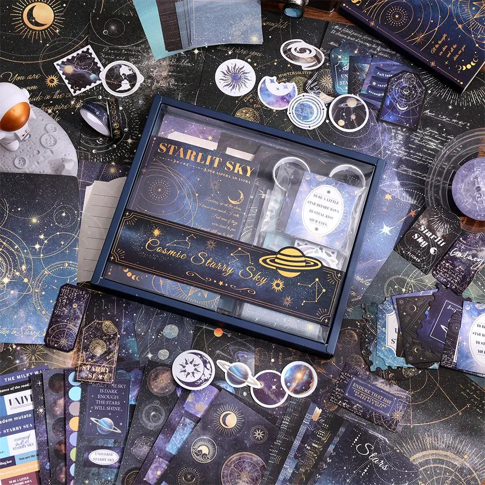 Starry Sky Journal Kit, 1 Set Vintage Scrapbooking Set Scrapbooking Supplies Scrapbook Materials with Decorative Elements, Washi Tapes & Stickers, Sticker Packs, Ideal for Gift Making, Creative Journaling, DIY Art Projects, Crafts