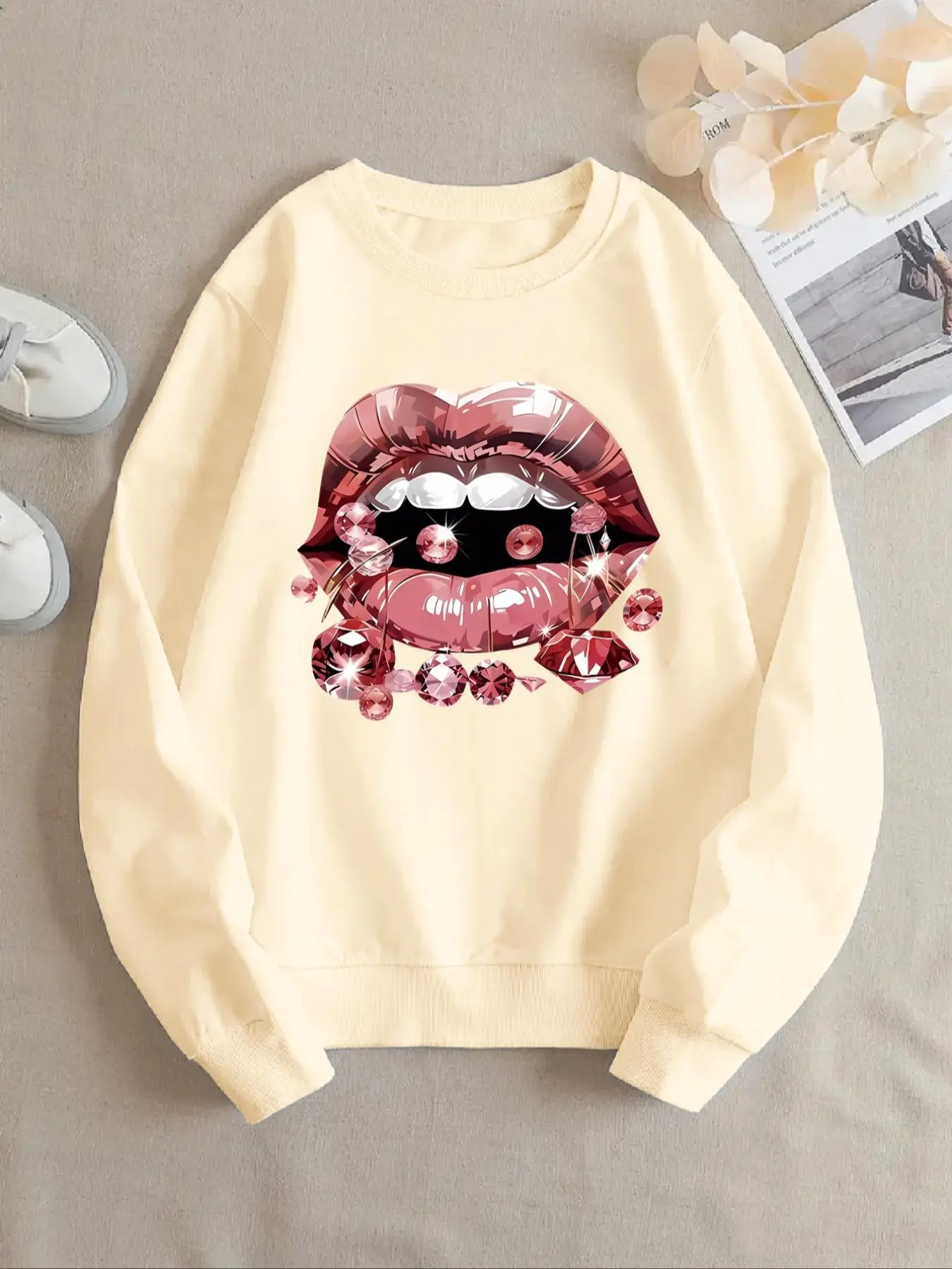 Sporty Women's Mouth & Rhinestone Print Thermal Lined Sports Sweatshirt, Long Sleeve Crew Neck Pullover for Gym Workout Wear, Ladies Sportswear for All Seasons