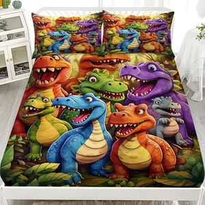 3pc Colorful Dinosaur Bed Sheet Set, including 1 bed sheet and 2 pillowcases, without pillow core, available in multiple sizes, soft and comfortable home bedding, Bedding Sheets, suitable for bedrooms, guest rooms, dormitories, and hotels.