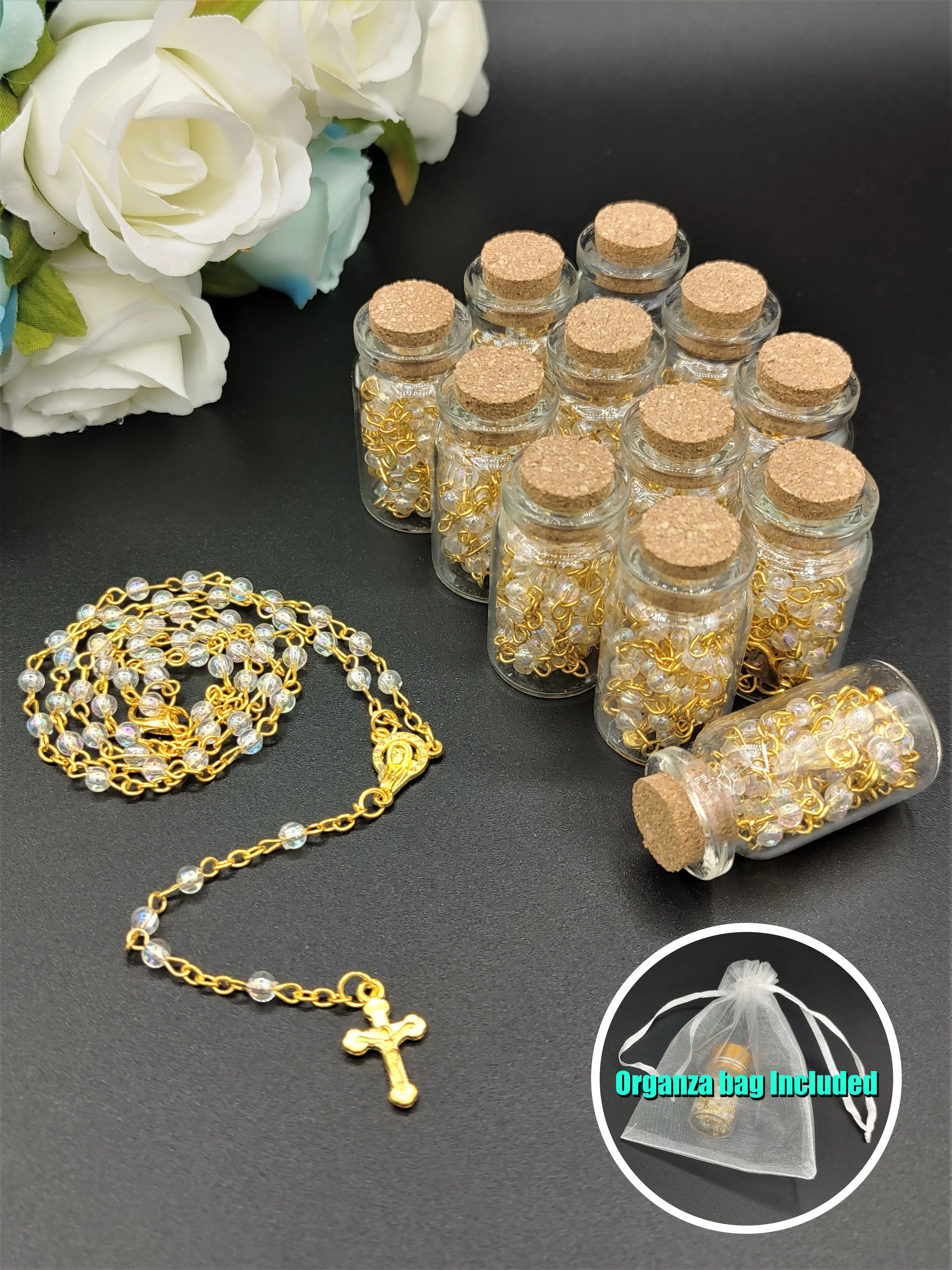 US LUOKASI 12pcs Baptism Favors Clear Beads Rosary with Gold Chain in Wishing Bottle Perfect for DIY Baptism Favors Holy Communion Recuerdos De Bautizo Quinceanera Christening Primera Communion Gifts