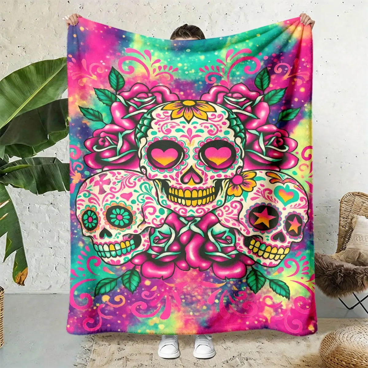 2026 New Arrivals 1pc ExtraSoft Plush Blanket Mexican Sugar Skull & Gothic Bohemian Design with Turquoise Pink Purple Black Pink Purple Blue Pink AllSeason Luxury Bedspread for Sofa, Bed, Travel, Cam