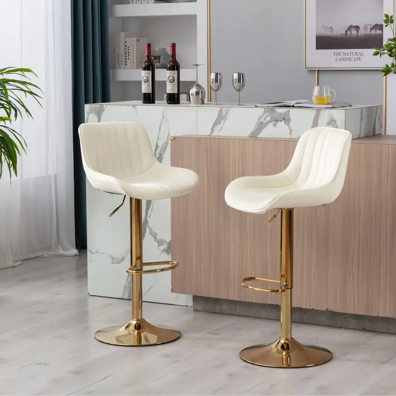 2-Seat Adjustable Bar Barstools (Set of 2) - Ivory Velvet Modern Upholstered Chairs with 360-Degree Swivel, Golden Legs, Chrome Footrest, Crisscross Base, Mechanical Lifting, for Lounge, Vanity, 2-Seat Barstools