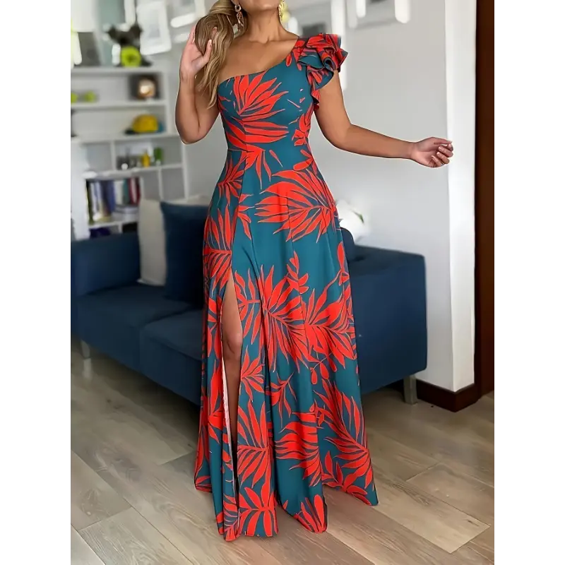 summer  new style dress unique Women's Asymmetric One-Shoulder Sleeveless Dress with High-Low Hem & Tropical Leaf Print - Slim Fit A-Line Maxi Ruffled Hem, Red Teal, Hand Wash Only, Stylish Dining Attire, Smooth Glossy Finis