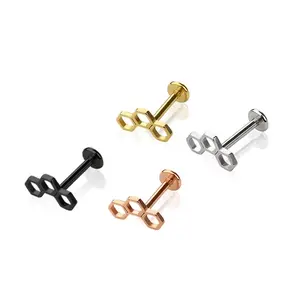 16G Honeycomb Flat Back Labret • Cartilage Earring • Flat Back Stud • Small Tragus Stud • Flat Back Upper Ear Stud • Helix Stud • Conch Stud • Internally Threaded Earring • 316L Surgical Steel • Silver • Gold • Black • Rose Gold