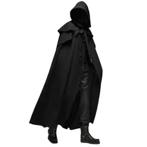 Men Medieval Vintage Hooded Loose Black Cloak Windproof Long Cape Poncho Monk Cosplay Costume Chic Winter Trench Coat Comfortable Durable Versatile Gothic Outfit..
