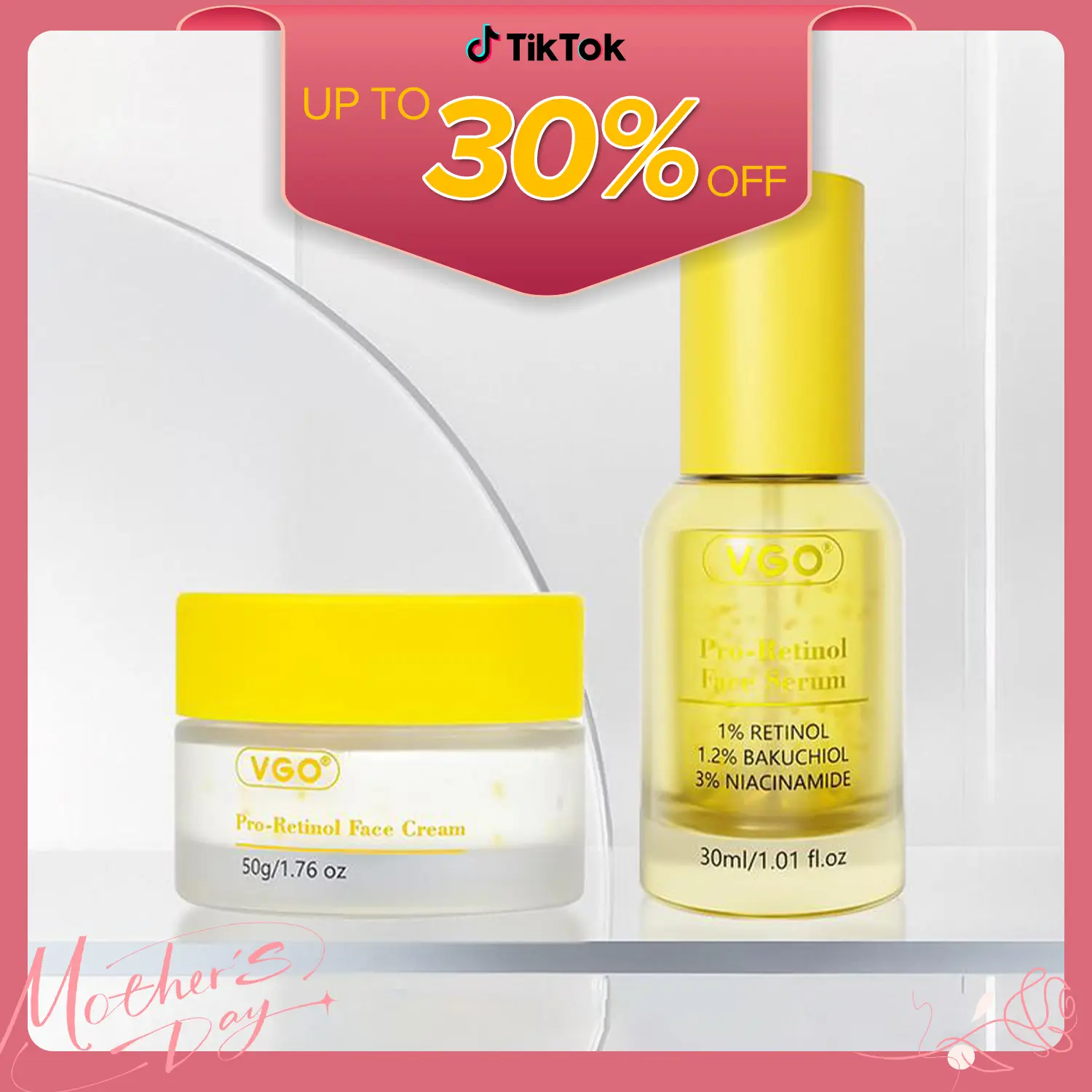 Vgo Anti-aging Retinol Face Serum 30ml and Cream 50g, with High-Strength Retinol, Bakuchiol & Niacinamide for Smooths Wrinkles & Fine Lines - Moisturizing Skin, Improving Dullness