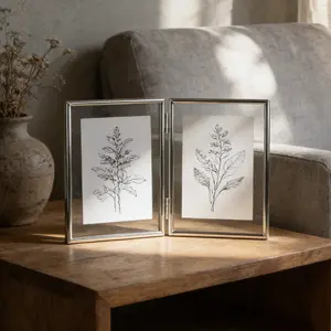 Elegant Simple Minimalist Silver Color Foldable Dual Transparent Glass Metal Frame, Wedding Photo Display Stand, 4x6 5x7 6x8 8x10 Inches, Clean and Fresh Look