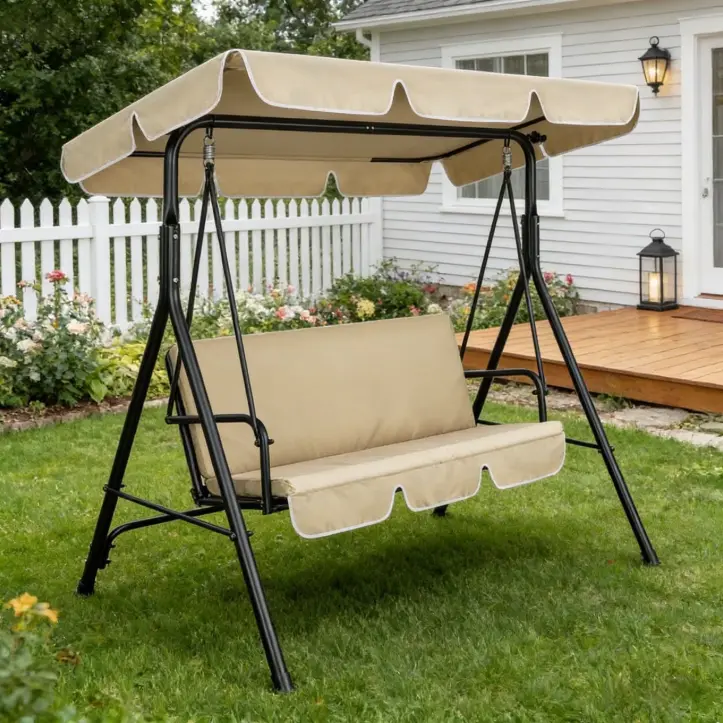 SPECSTAR 3 Seats Patio Porch Swing Chair, Converting Canopy,Removable Cushion,Cushioned Steel Frame Porch Canopy Swing Chair for Patio Garden,Beige