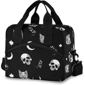 Skull cat moon gothic insulated lunch bag reusable lunch tote bag cooler bag for women men adult lunch box with adjustable shoulder strap leakproof lunch bag for work school picnic camping