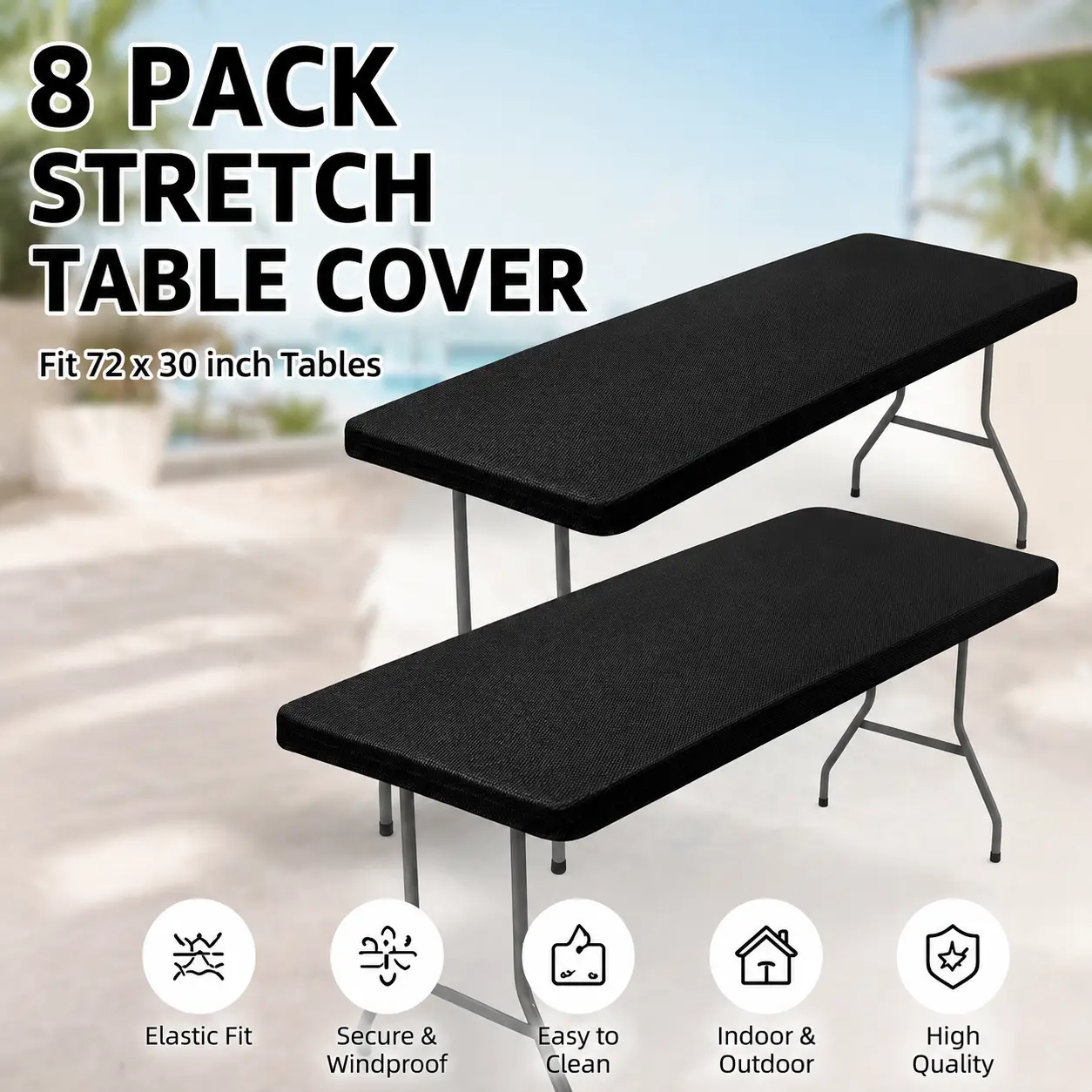 8-Pack Stretch Polyester Table Covers - 30x72 Inches Durable Easy-to-Clean Washable Elastic Covers for 6ft Tables, Fits Indoors & Outdoors for Housewarming, Birthday, Ceremony (Home, Festive & Business Party Supplies)
