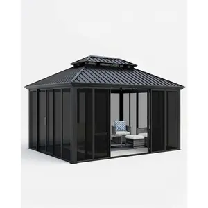 Garvee 12' X 16' Hardtop Gazebo Solarium Sunroom, All-Aluminum Alloy Outdoor Screen House with Floor-to-Ceiling Sliding Doors, Enclosed Gazebo for Backyard, Patio, and Deck