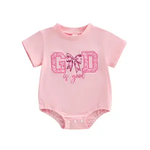 Newborn Baby Girl Bubble Romper Summer Clothes Cute Bow God is Good Short Sleeve Onesie Bodysuit T Shirt
