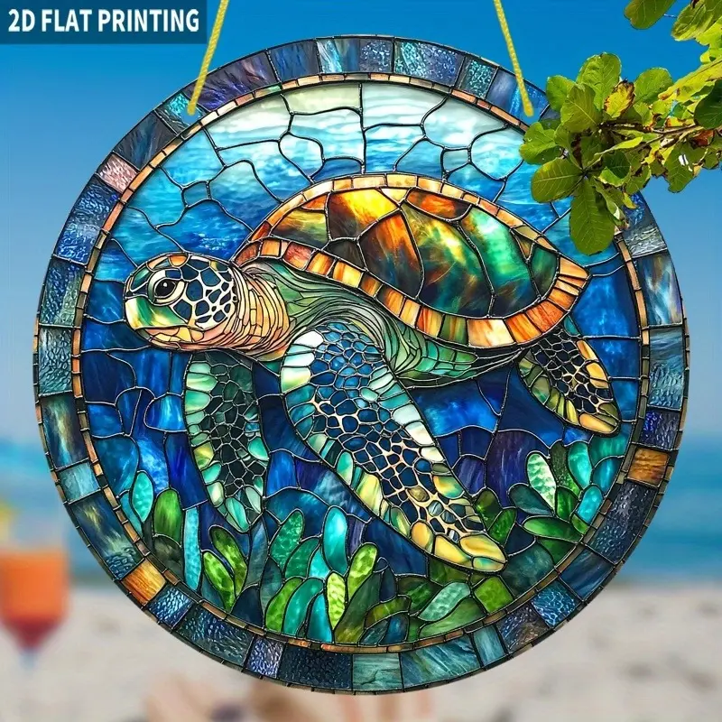Retro Iron Acrylic Sea Turtle Sun Catcher Window Hanging Decor - 8x8 in Round Home Supplies Plaque, Vintage Stained Glass Style, Vivid Light Effects, Glam Balcony/Bathroom Decor, Ocean Lover Gift, Wardrobe Accessory
