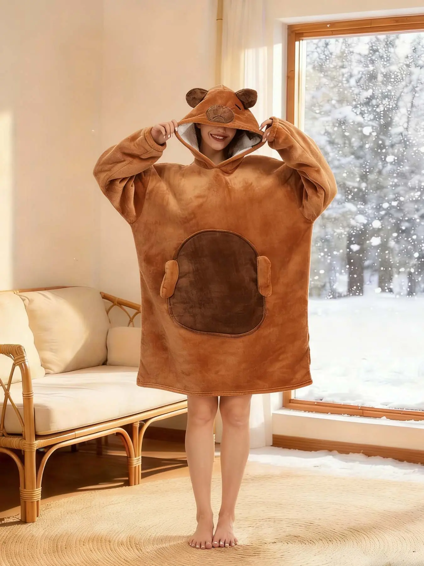 Women's Cute Capybara Wearable Blanket, Oversized Fit Hooded Robe in Soft Sherpa Fleece, Animal Loungewear with Pocket, Funny, Birthday, Movie Night, Holiday, Hooded Blankets, Animals, Home Wear, Pajama Parties, Plush Texture, All Seasons, Loose-Fitting,,