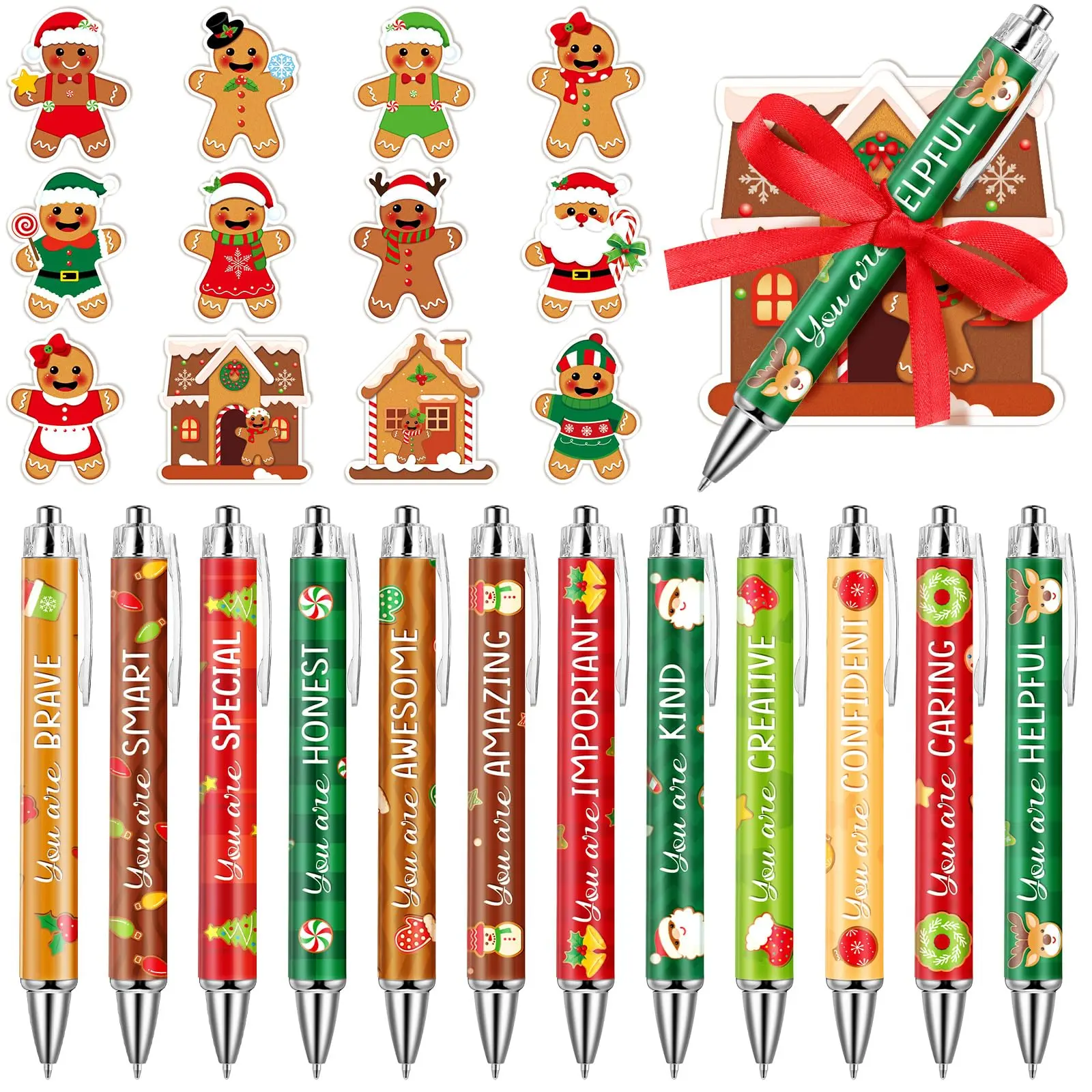 24-Pack Christmas Sticky Notes with Ballpoint Pens - 24set-Gingerbread Themed Xmas Tree Winter Memo Pads, Thoughtful Encouragement Holiday Gifts for Coworkers, Festive Decor Party Favors Office Supplies, Ballpoint Pen, Thoughtful Gift