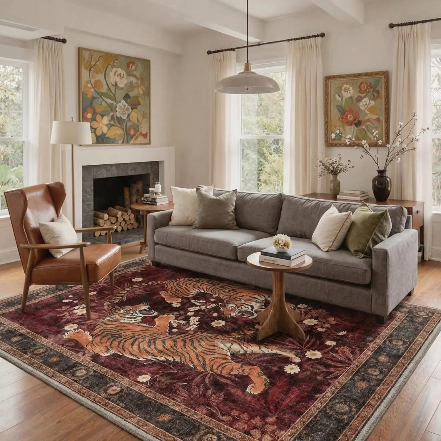 【Deals For You Days】GENIMO Tiger Print Area Rugs, Boho Vintage Oriental Living Room Rug, Non Slip Washable Rug Stain Resistant, Low Pile Thin Soft Animal Botanical Carpet for Bedroom, Dining Room, Office, Red