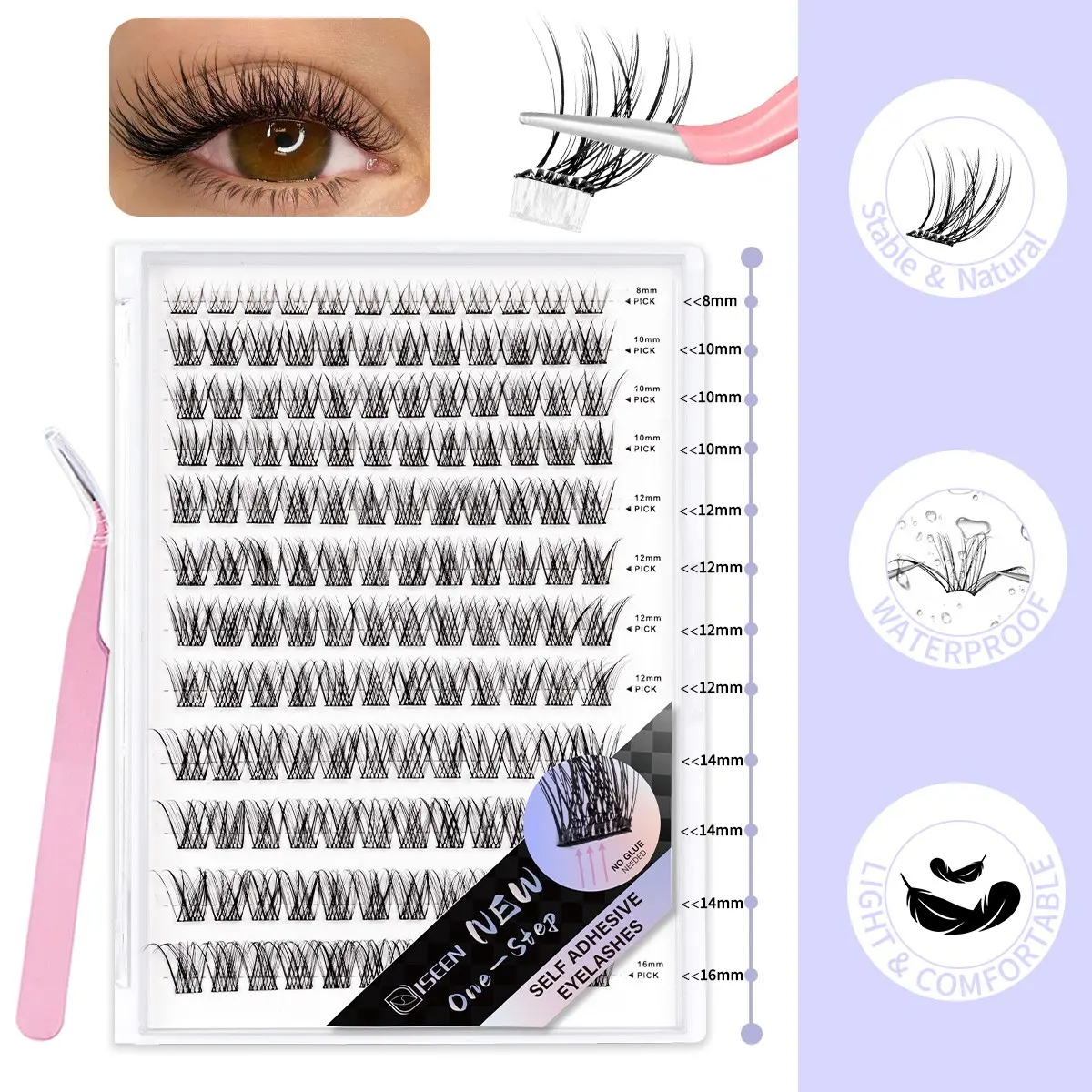 Self Adhesive Eyelashes, DIY Eyelash Cluster, 144 Pcs Self Adhesive Eyelash Clusters, No Glue Needed, Invisible Band Lash Clusters - Longer Lasting, No Sticky Residue Pre Glued Eyelashes, Cluster False Eyelashes(Natural-Invisible Band)