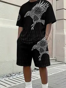 Viking Crow Totem Digital Printing Two-Piece Matching Set, 2Pcs, Trendy, Stylish and Fashionable Set, Trendy Retro Casual Two-Piece Set, Vacation-style Trendy Outfit, Breathable Sports and Casual Style, Menswear, a Perfect Holiday Gift for Men