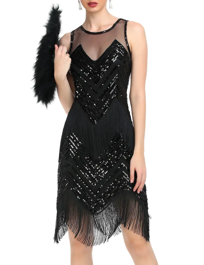 knee length dresses for ladies Zapaka Women Black Champange 1920s Dress V Neck Sequins Fringe Gatsby Dress Party Evening Gown, Black Champagne / XL