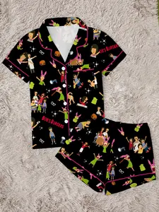 Bobs Burgers Family Cute Burger Print Lapel Short Sleeve Shorts Pajama Set, Comfortable Outerwear Party Gift Home Wear