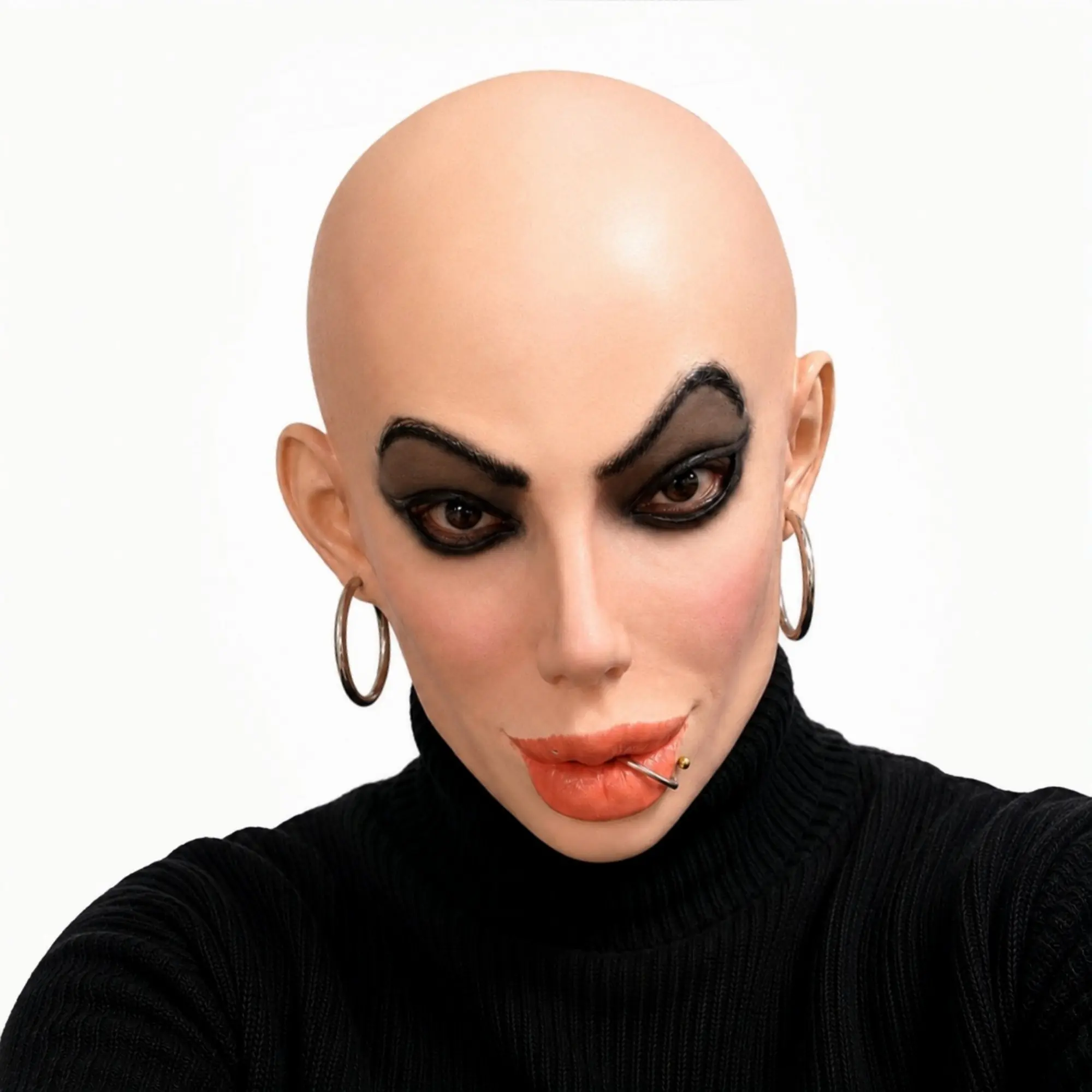 Realistic Bald Woman Latex Mask with Earrings & Lip Ring, Funny Drag Queen Face Cover, Cross-Dressing Costume Prop for Halloween, Party Accessories, Mask Cosplay