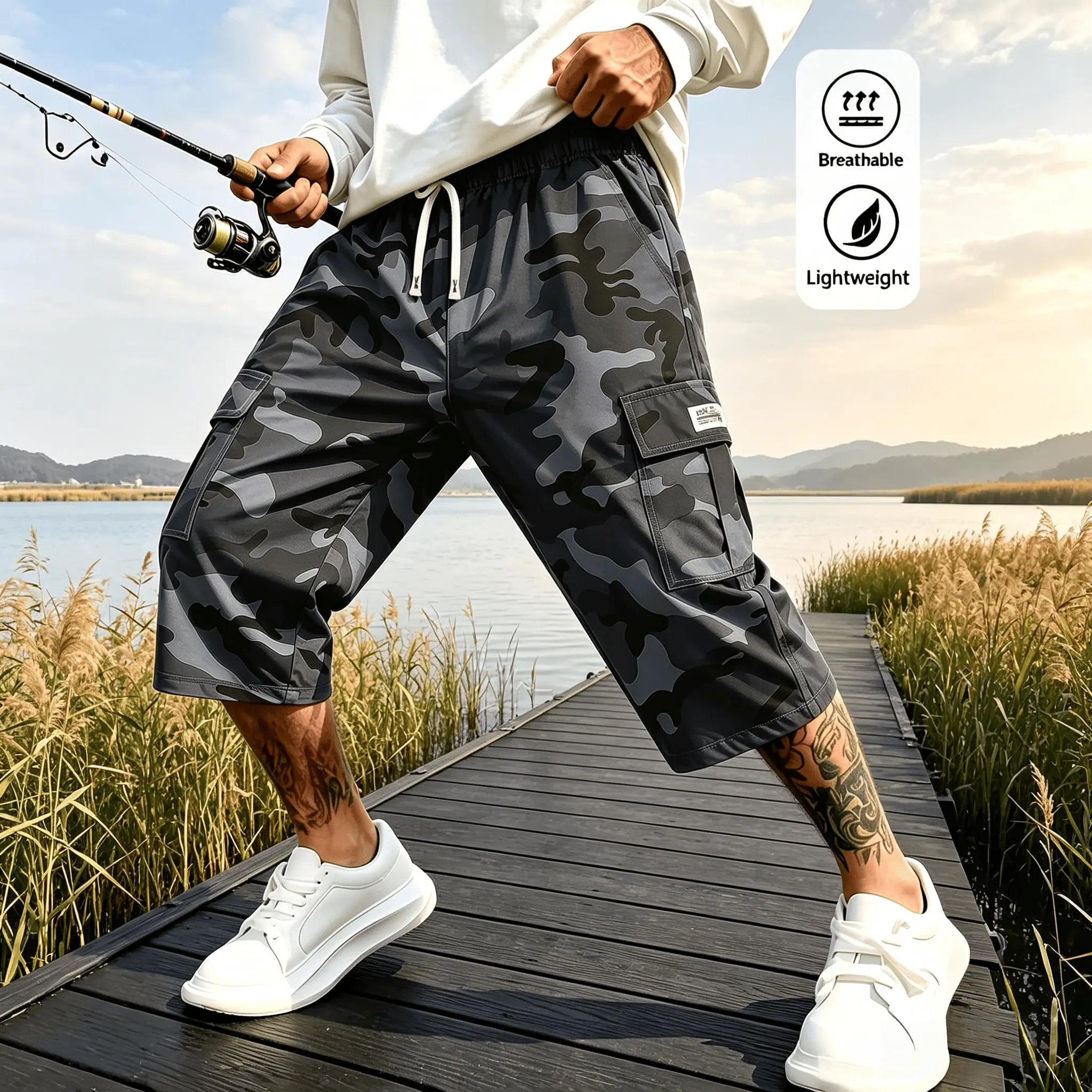 Men’s Camo Cargo Capri Shorts - Polyester Clothes with Mid-Waist Elastic Drawstring, Lightweight Breathable Quick-Dry 3/4 Length, Multi-Pocket for Casual Outdoor Fishing Hiking, Regular Sizes