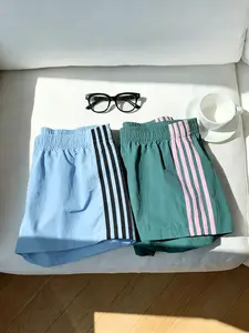 2-Pack Breathable Running Shorts for Women, Street Style Loose-Fitting Elastic Waist, Striped Pattern, Casual Sports Wear, Athletic Wear Shorts