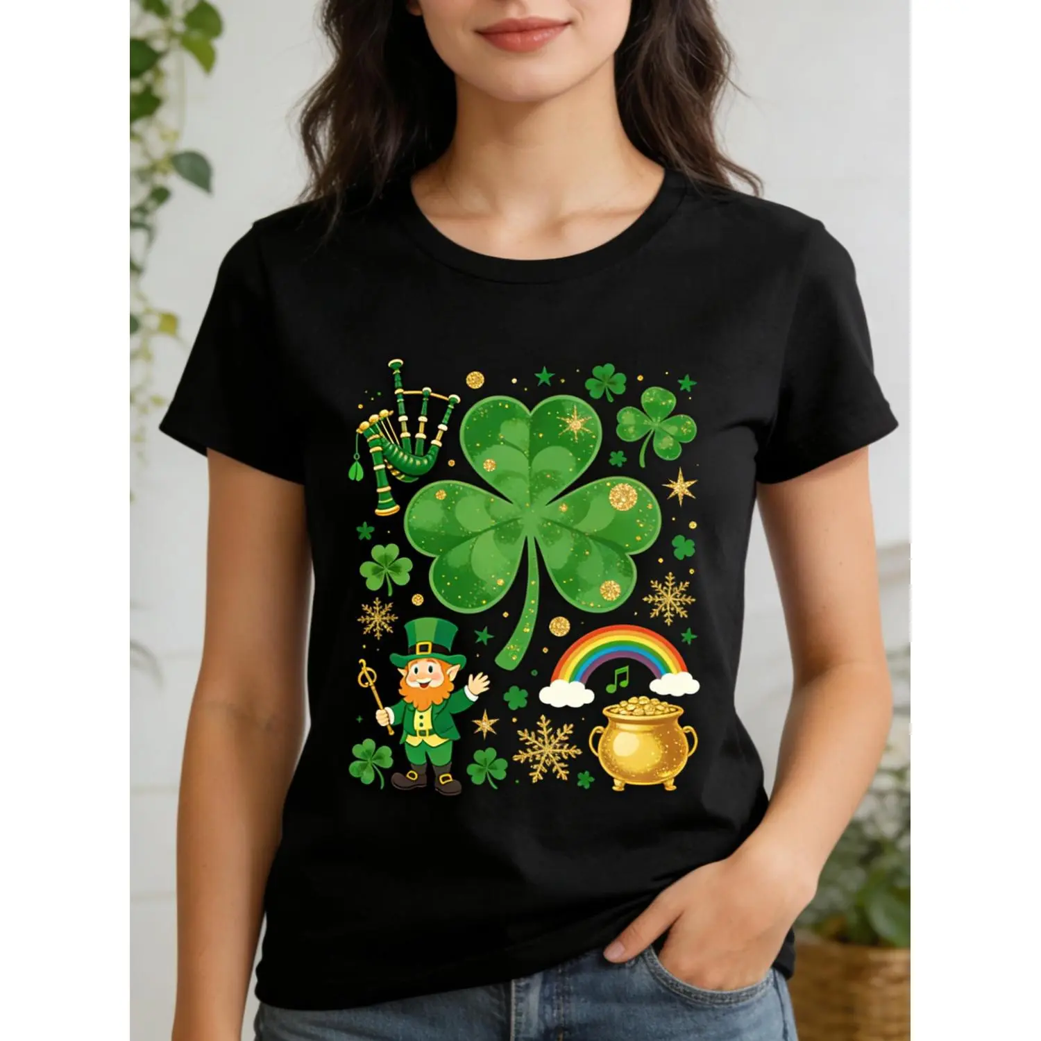 Women's Short-Sleeve Round Neck St. Patrick's Day Party T-Shirt - Fun Irish Shamrock & Rainbow Design Unisex Top