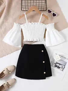 Elegant Girl A-Line Dress Set, Flounce Sleeve One Shoulder Floral Top + A-Line Skirt Two-Piece, Summer Casual Holiday, Fashion Clothes Set