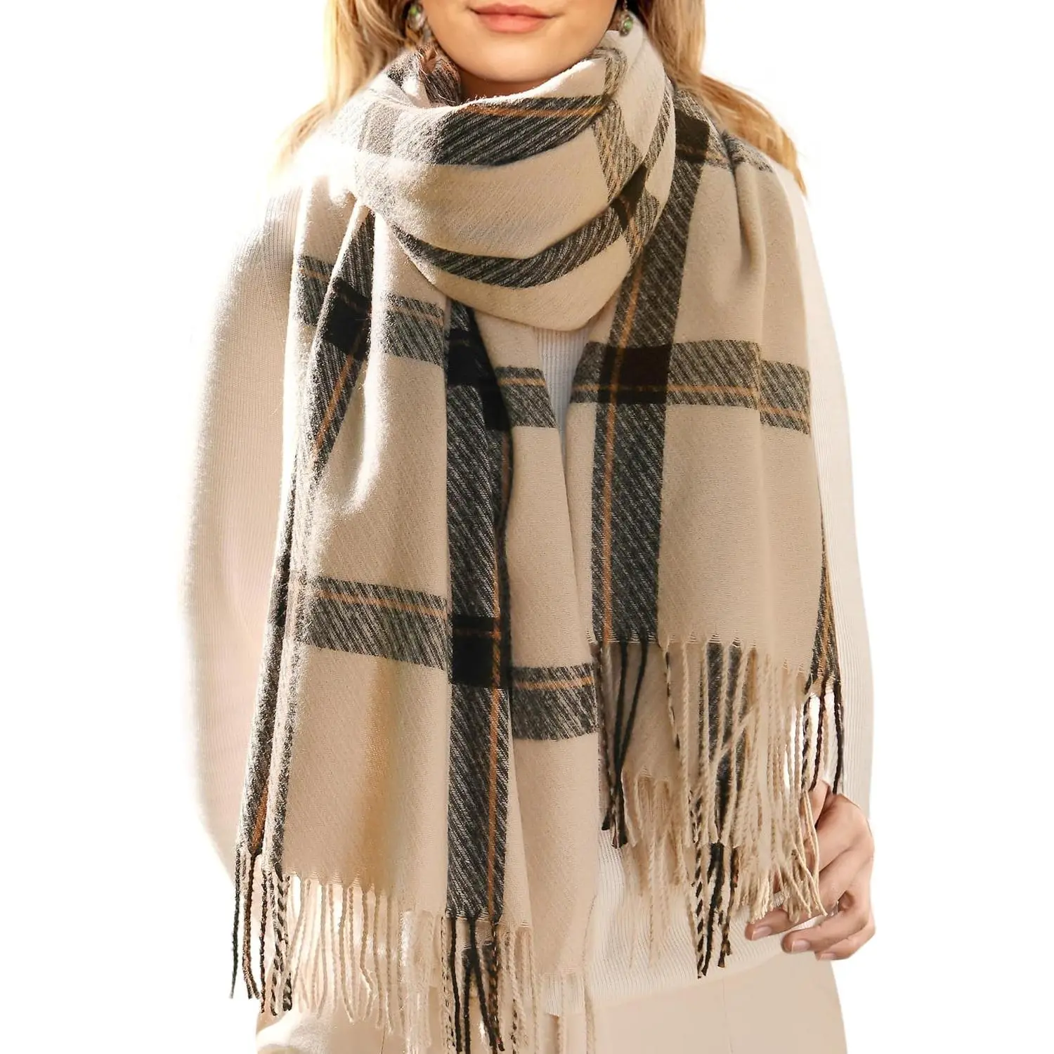 Women's Large Oversized Classic Plaid Scarf - Cashmere Feel, Softness, Tassel Accent, Winter Shawl Wrap