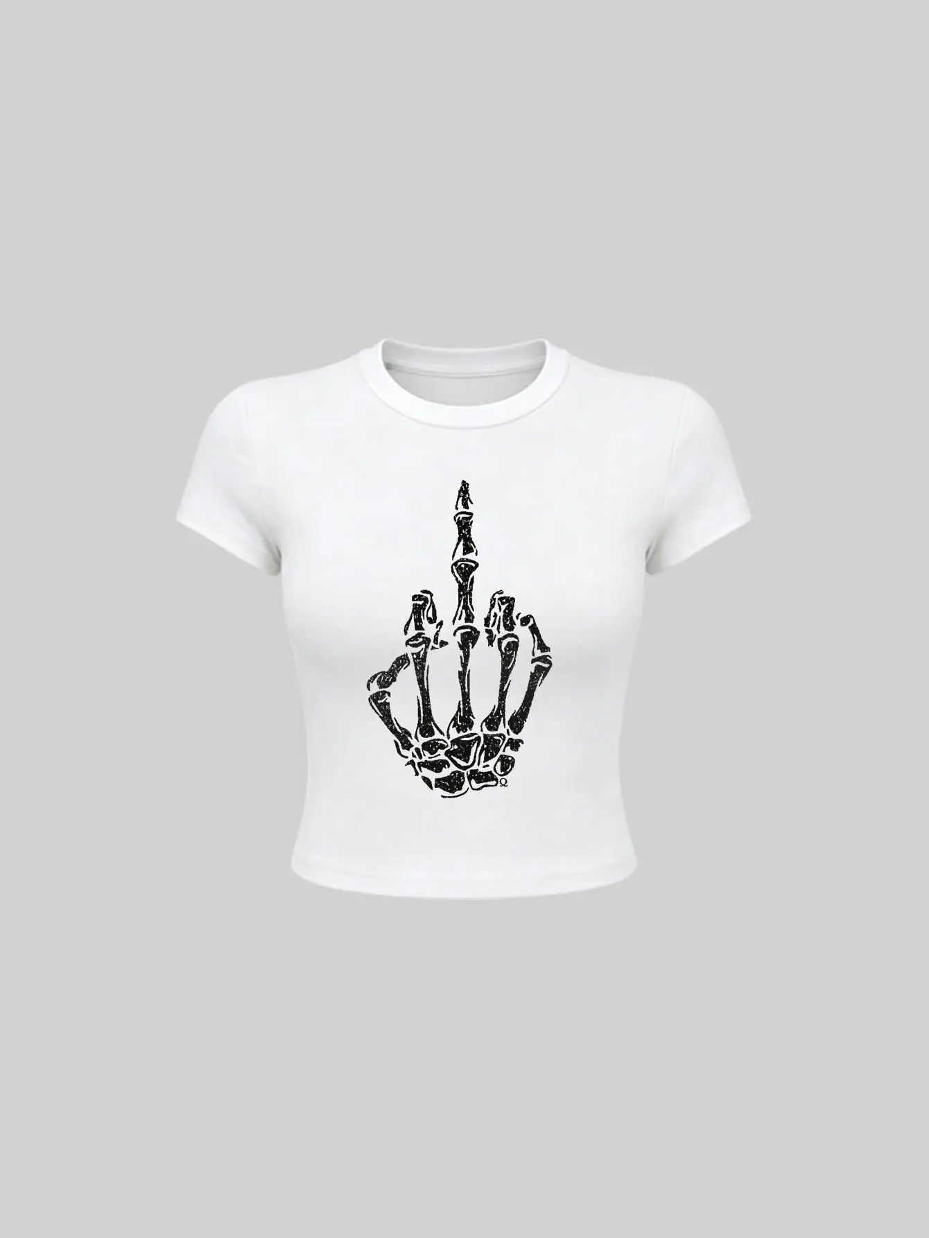 Women Skeleton Middle Finger Hand Print Crop Baby Tee Gothic Grunge Y2K Slim Fit Short Sleeve T-Shirt Vintage Punk Dark Aesthetic Cropped Top