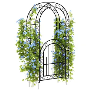 Garvee 7 FT Elegant Garden Arch with Gate - Romantic Steel Wedding Arbor for Climbing Roses & Vines, Decorative Metal Archway for Lawn, Patio or Backyard, Classic Black
