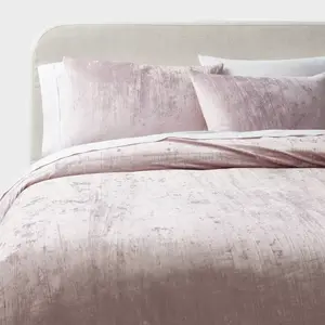 3pc Full/Queen Luxe Distressed Crinkle Velvet Duvet Cover & Sham Set Mauve - Threshold