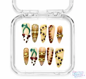 GakuNails TROPIC BLOOM 10 PCS Stilettos Handmade Press On Nails Builder Gel Enhanced 3D Cherry Gold Cross Accent Majestic Luxurious selectable size Reusable