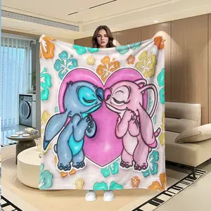 Sweet Stitch Couple Themed Fleece Blanket with Base and Blue Stitch Kiss Pattern, Romantic Soft Warm Cover Blanket for Valentine's Day and Easter Gifts, Decorative Throw for Home and Outdoor Use