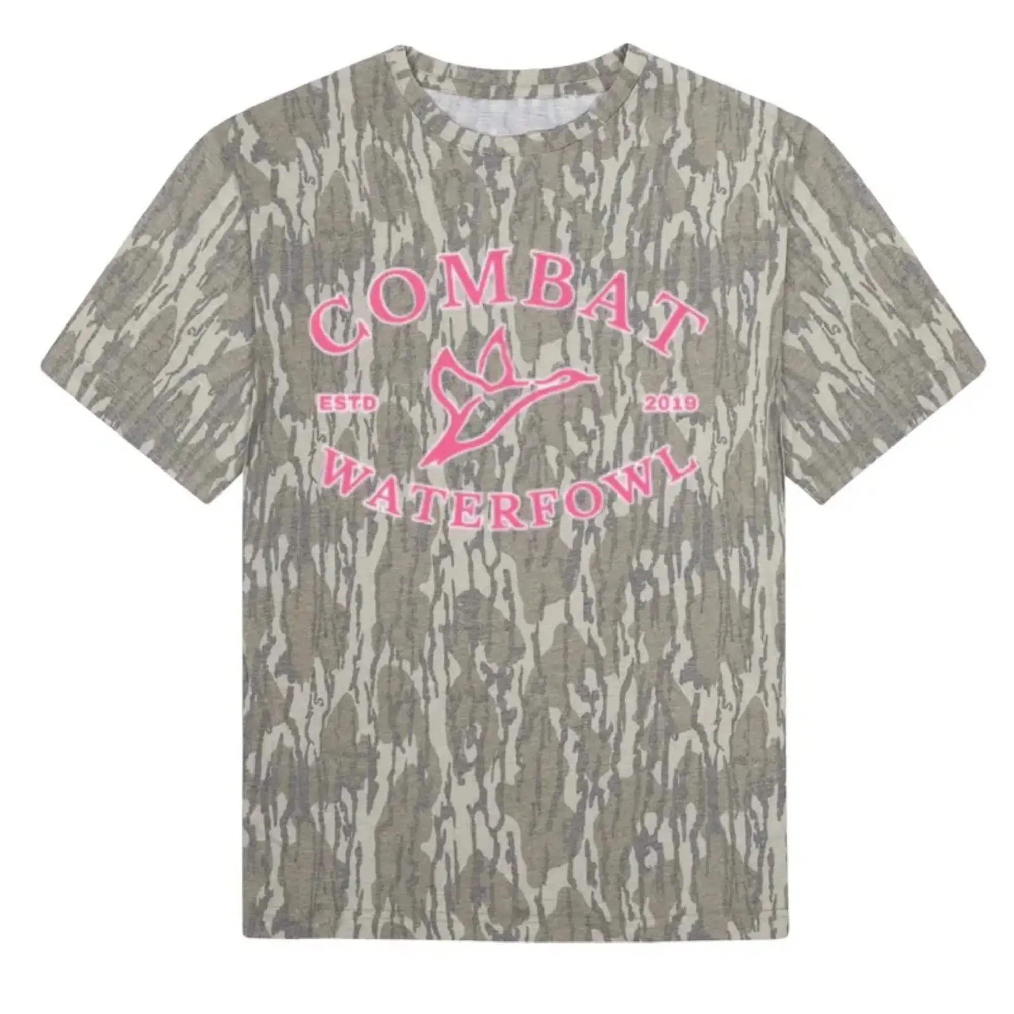 Combat Waterfowl Mossy Oak Bottomland Camo T-Shirt, Pink Duck Hunting Shirt for Men Women, Breathable Stretch Polyester Outdoor Tee, Size S-5XL