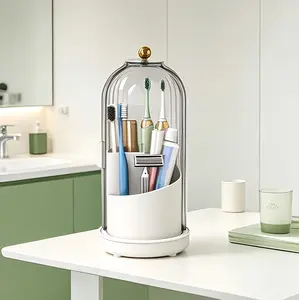 3-Slot Rotating Toothbrush Holder with Cover, Drainage and Waterproof Design for Bathroom Home Supplies