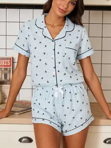 Spring Summer Women's Sleepwear Set Pajama, Open Front Lapel Short Sleeve Shorts Two-Piece Home Wear Loungewear, Blue Bow All over Print Casual Style