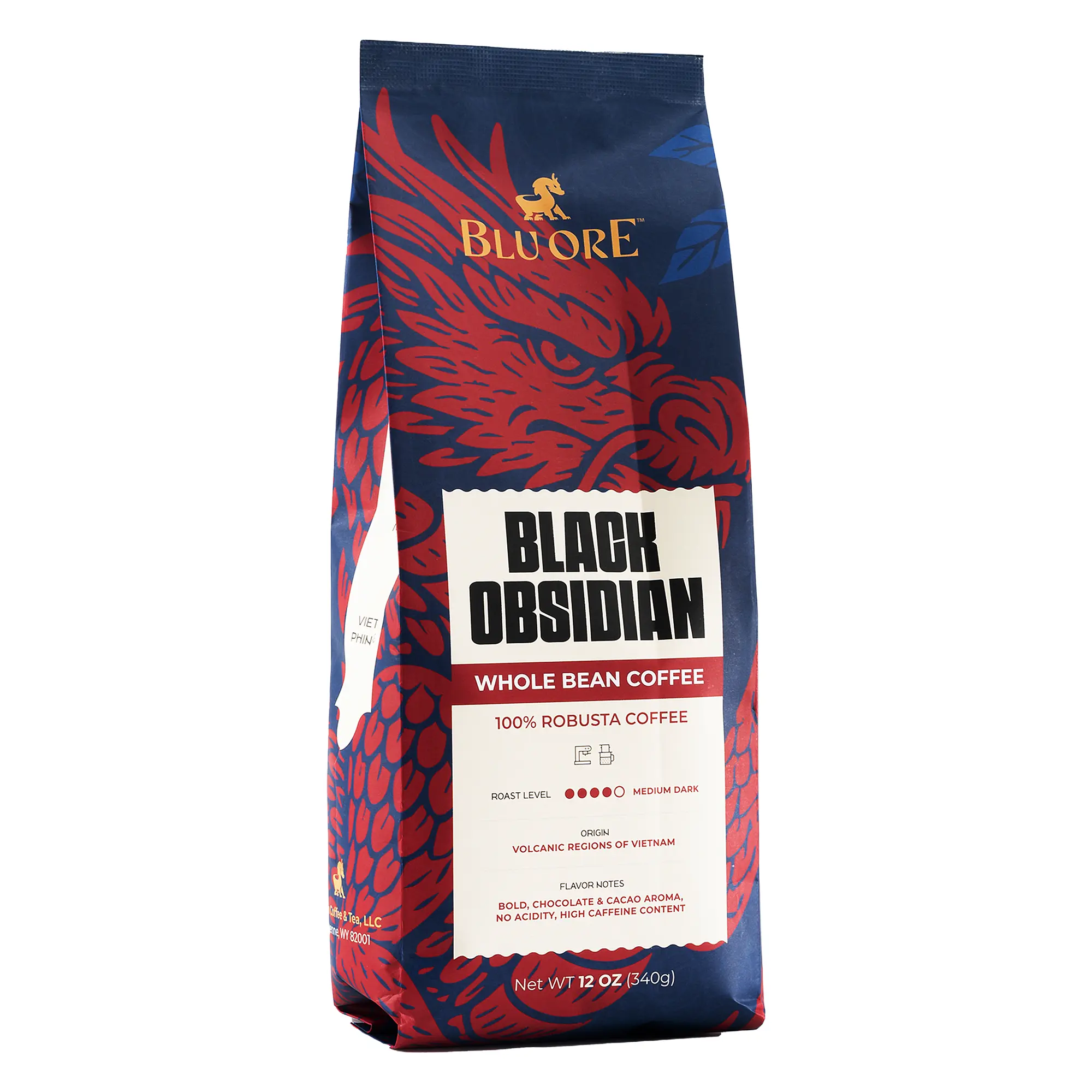 Blu Ore Black Obsidian Robusta Coffee Beans – Single Origin Vietnamese Whole Bean Coffee, Bold Strong Espresso Beans with Chocolate & Cacao Notes, High Caffeine, Medium Dark Roast