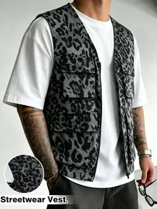Men's Leopard Print Multi-Pocket Zip-Up Cargo Vest, Urban Streetwear Style, Durable Fabric, Tactical Utility Design & V-Neck, Ideal for Layering, Daily Commute, Outdoor Activities & Trendy Casual Wear, Perfect for Functional Fashion Lovers